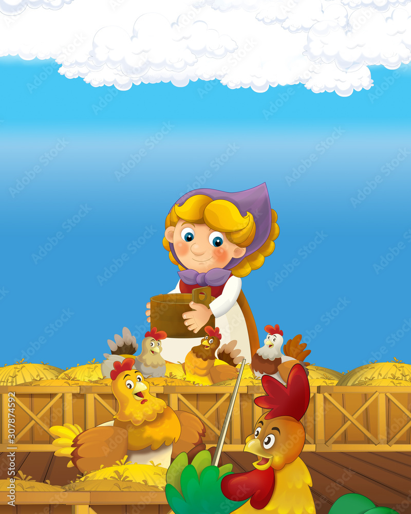 Naklejka premium cartoon scene with happy farmer woman on the farm ranch illustration for the children