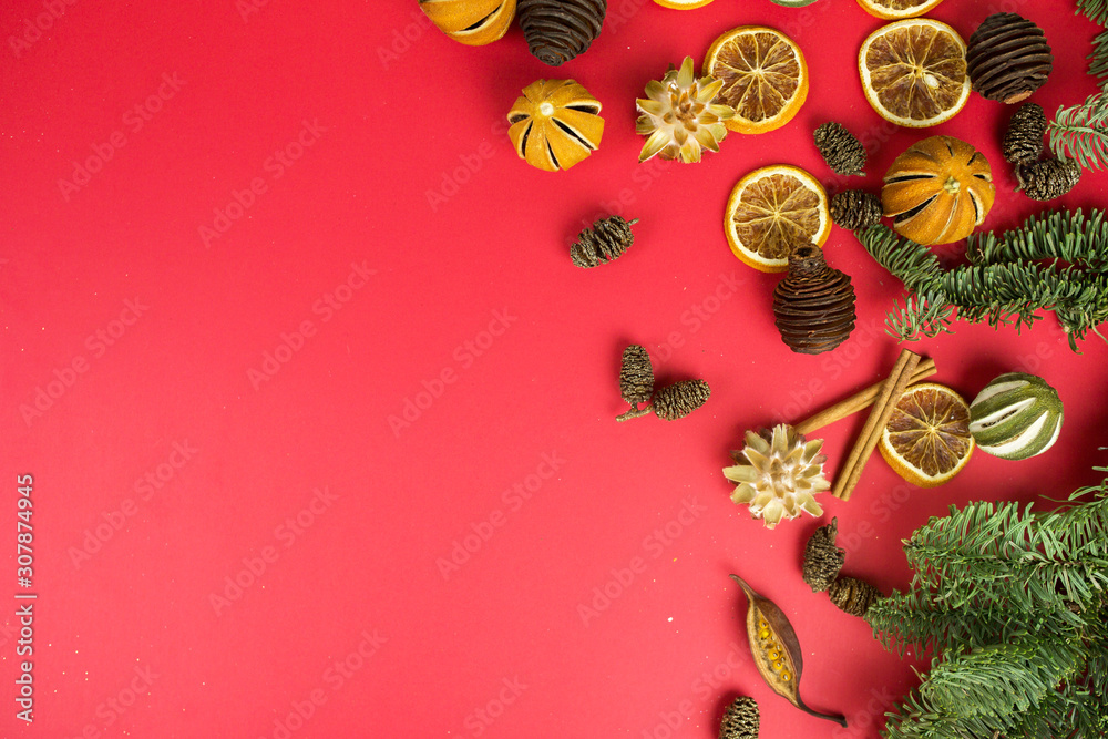 Christmas design elements on red background. Holiday, new year concept