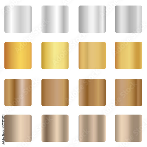 Metal sheets texture realistic big icons set with various surface finish in gold and silver isolated. Set of different metallic gradients. Collection of multicolored backgrounds. Vector illustration.