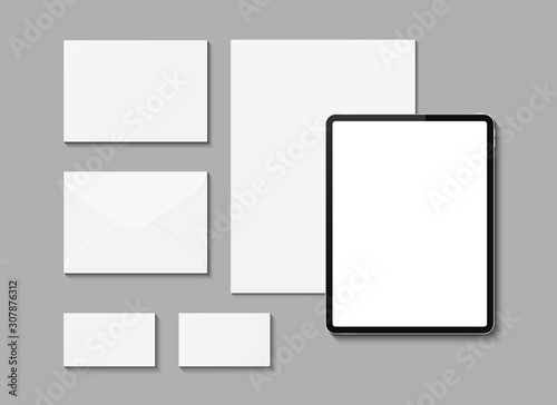 Vector stationery with tablet, paper, envelope, business card. Realistic Business stationary Corporate identity mockup set. Mockup template. Flat lay style. Office items and objects mockups.