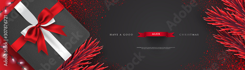 3d realistic elegant black and red Christmas greeting banner, gift box, string lights, fir branch, horizontal background eps10 vector template