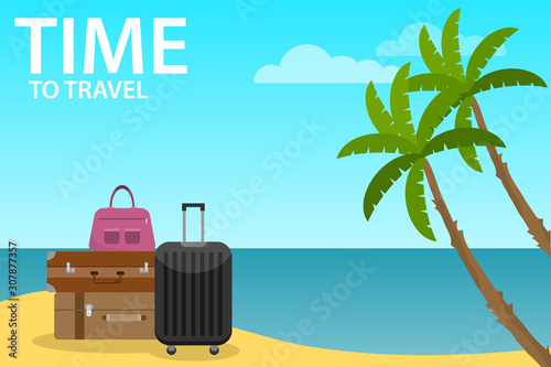 Baggage, luggage, suitcases with travel icons and objects on tropical background. Time to travel banner. Flat style vector illustration.