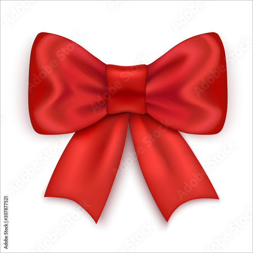 Bright red satin bow with ribbons. Festive decoration. Isolated on a white background. Vector illustration