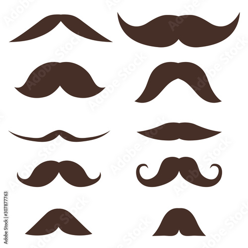 Mustache, set of male brown mustache isolated on white. Vector mustache illustration in flat design.