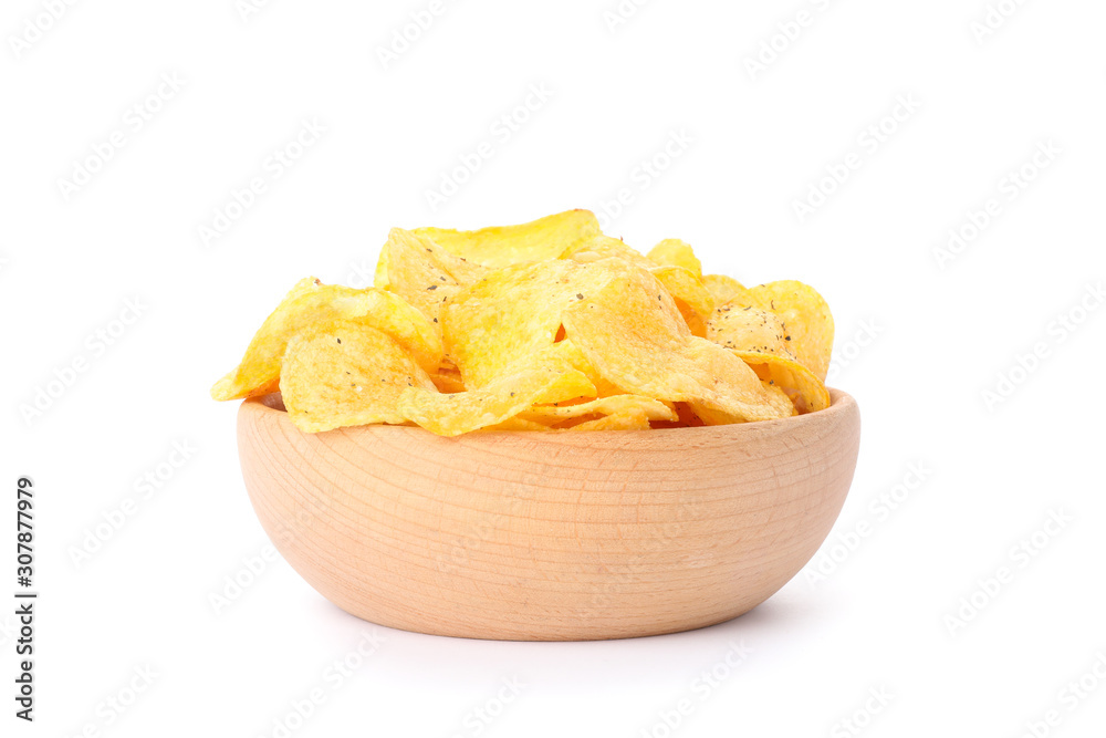 Potato chips in a bowl isolated on white background, space for text