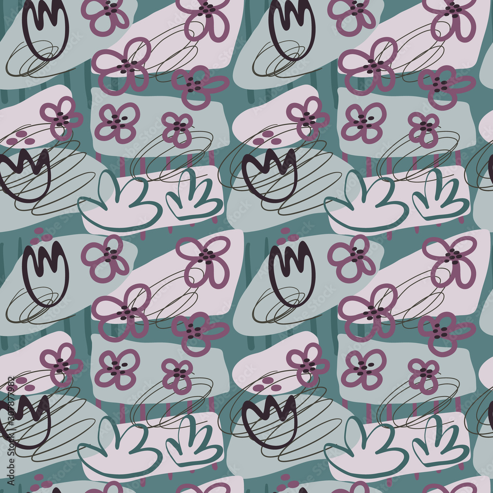 seamless repeat pattern with flowers and abstract shapes