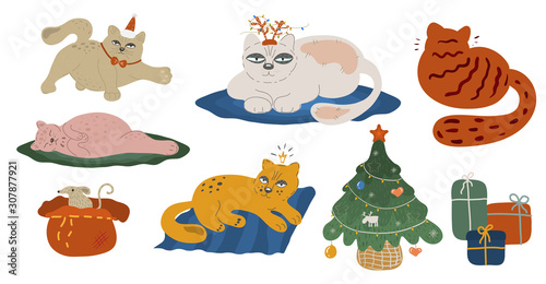 Set of domestic christmas cats isolated on white background, christmas tree, gifts, rat peeps out of a gift bag. A cat with small horns and a garland, sleeping on a rug, turned away, stretches out a f