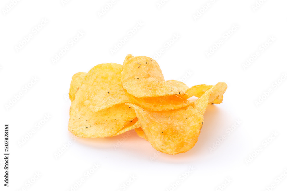 Potato chips isolated on white background, space for text Potato chips isolated on white background, space for text