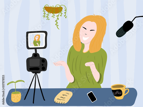 Girl sits home at a table speaks into the microphone and shoots a video of himself on the camera. Flat style vector illustration concept blogger, Influencer, viner for digital marketing, engaging with