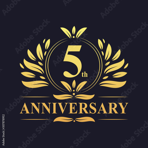 5th Anniversary logo, luxurious golden color 5 years Anniversary logo design celebration.