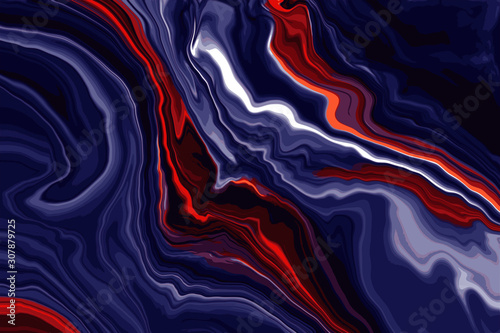 Liquid marbles or swirl ink marble in blue and lava red on abstract backgrounds 