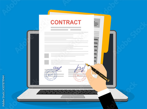 Online electronic documents on laptop vector illustration, flat cartoon paper document with signature on computer screen, concept of digital or internet office, on-line deal, web paperwork