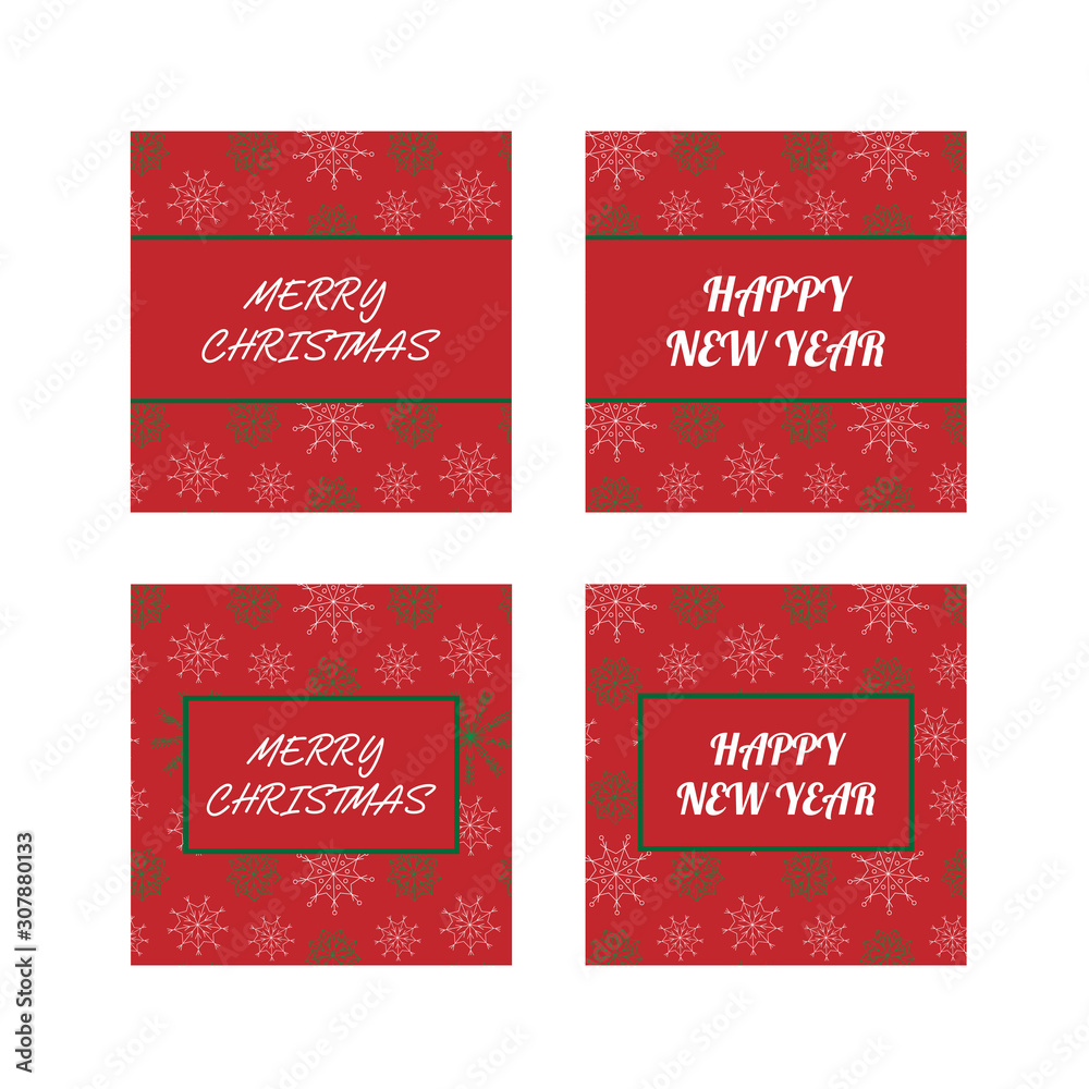 Winter fun celebration cards with white and green snowflakes on the red background. Christmas and New year posters, banners, postcards. Vector illustration Winter fun celebration cards with white and green snowflakes on the red background. Christmas and New year posters, banners, postcards. Vector illustration
