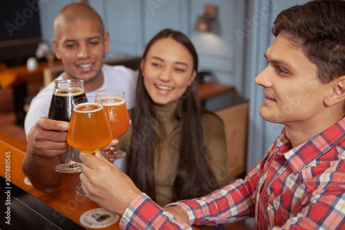 Group of cheerful young people enjoying drinking at the bar together. Happy friends clinking beer glasses