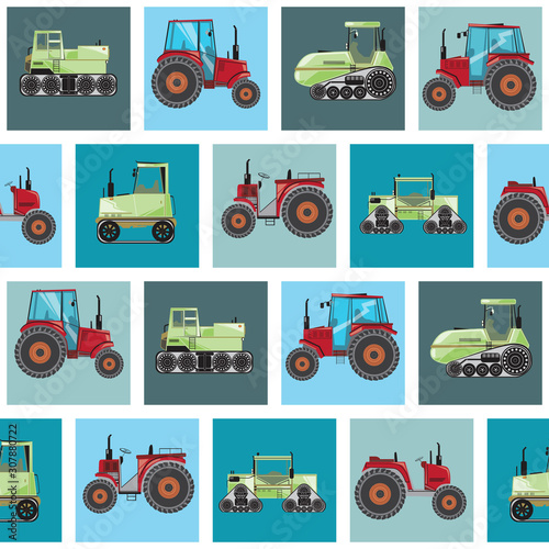 A seamless pattern with flat farm tractors for children or boys, a vintage vector stock illustration for printing on fabric or paper