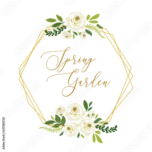 Cute botanical theme geometric frame background with bouquets of hand drawn rustic white roses and green leaves branches