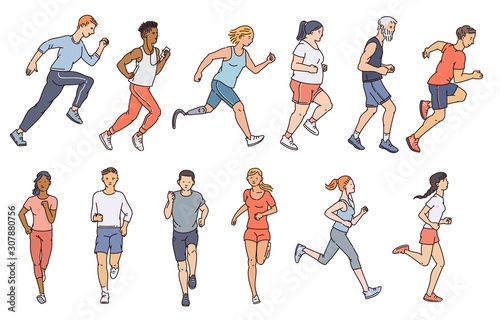 Diverse people characters running sketch vector illustrations set isolated.
