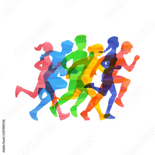 Crowd people run marathon vector illustration in color abstract effect isolated. © sabelskaya