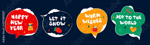 Set of winter holiday speech bubbles with a wish - part 1. Christmas and New year stickers with a wish. Doodle holiday card collection