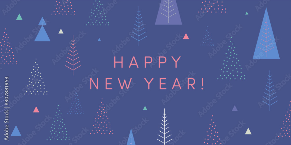 Happy New Year! New Year's card. Cool geometric style, trendy minimalist design. Christmas trees, snowflakes, navy blue color block background. Festive greeting card stylish retail web banner
