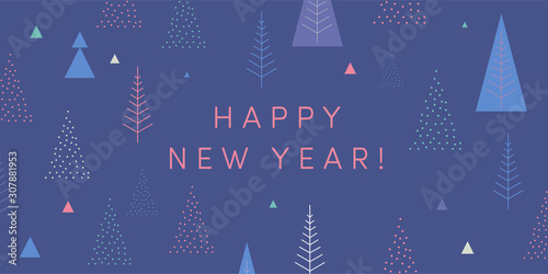 Happy New Year! New Year's card. Cool geometric style, trendy minimalist design. Christmas trees, snowflakes, navy blue color block background. Festive greeting card stylish retail web banner