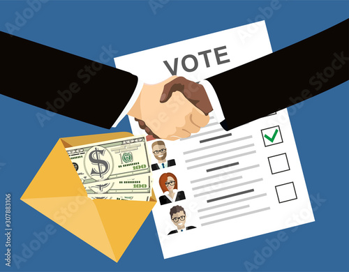 Selling vote for election flat concept design,vector illustration.Hand of politician holding money and voter holding ballot. Make a deal of election frauds.