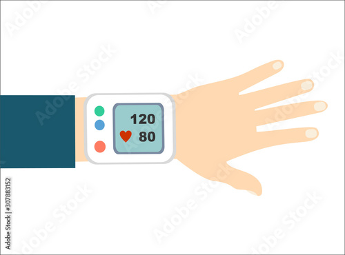 Wrist cuff sphygmomanometer, digital device for measuring blood pressure vector concept