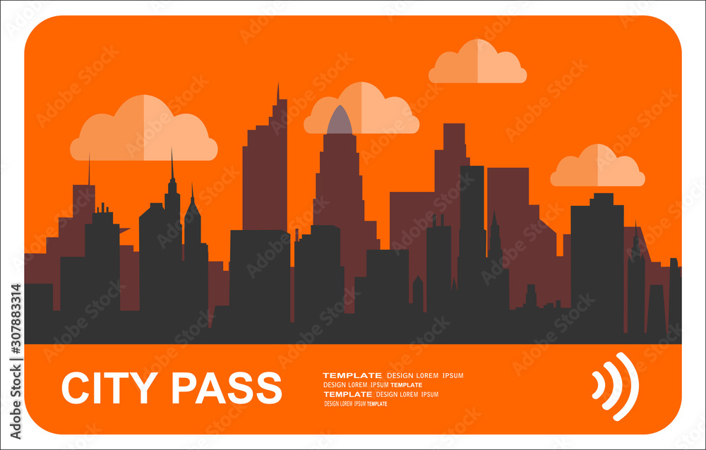 City pass. Bus, train, subway travel ticket with cashless payment system. Card with map of city with roards and houses. Vector illustration in flat style