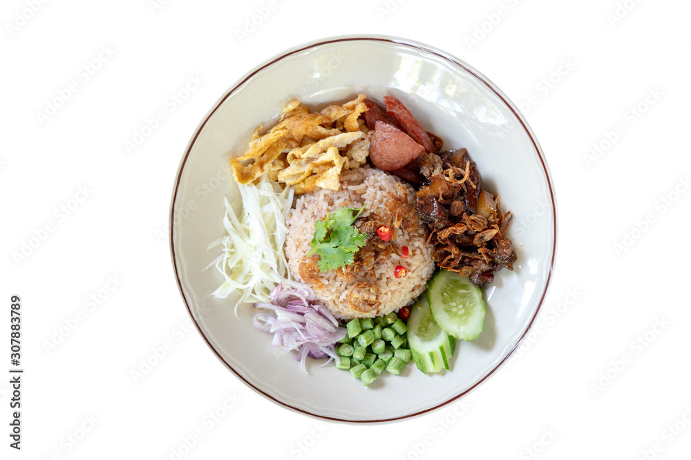 Rice seasoned with Shrimp Paste on isolated white background. (Khao Kluk Ka Pi) Rice seasoned with Shrimp Paste on isolated white background. (Khao Kluk Ka Pi)
