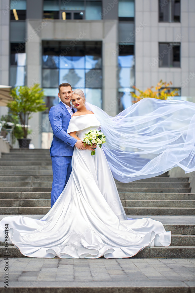 Fototapeta premium beautiful newlyweds on business center background