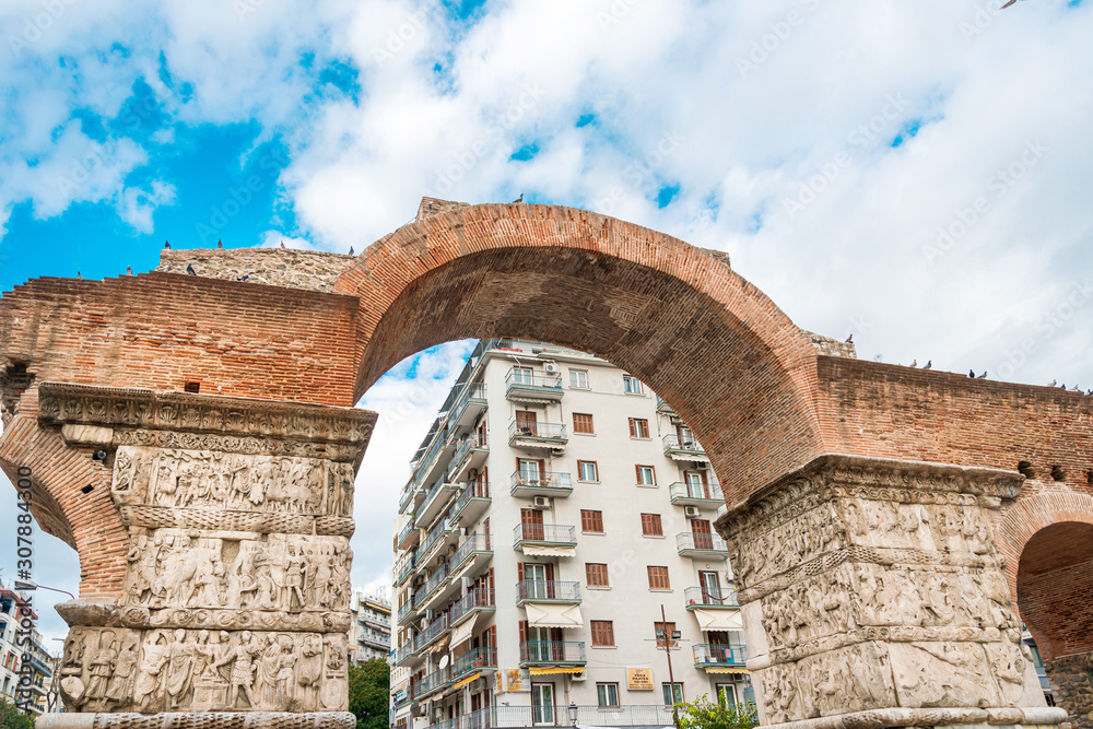THESSALONIKI, GREECE - November 30, 2019: Arch of Galerius or Kamara and the Rotunda are neighbouring early 4th-century AD monuments in the city of Thessaloniki, Greece