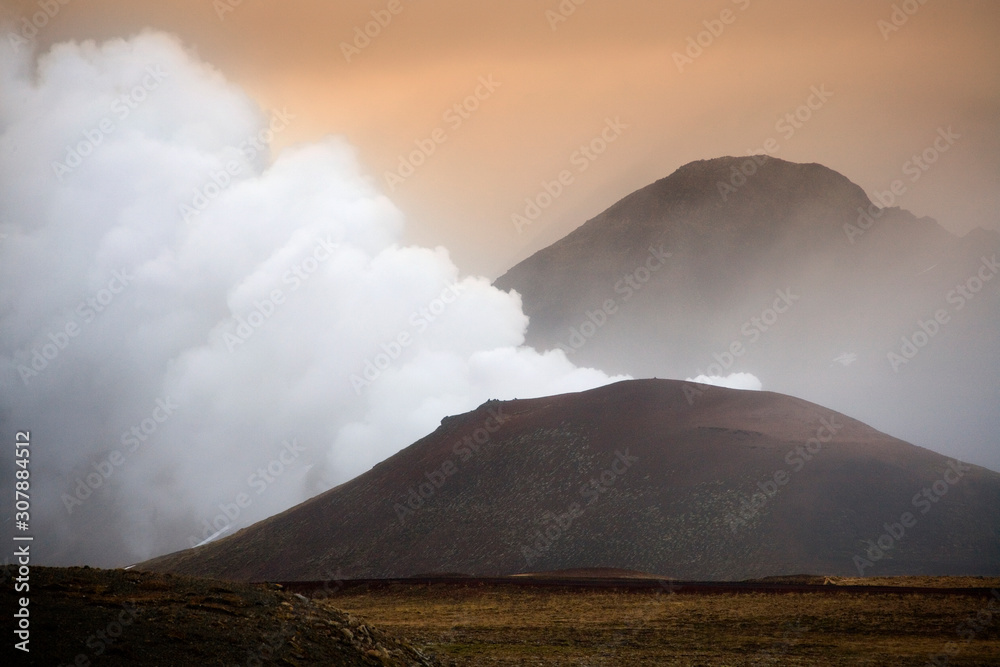 Steam eruption from Krafla Volcanic Crater in Iceland
