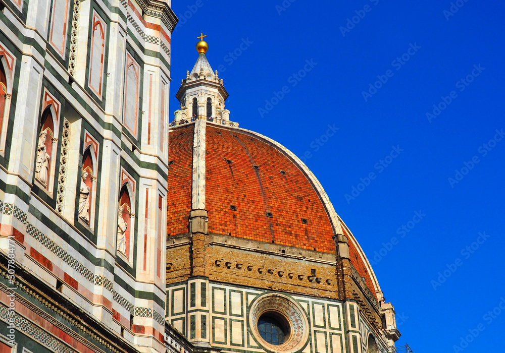 View of the Florence Cathedral (Duomo di Firenze, Cattedrale di Santa Maria del Fiore) in Florence, Italy