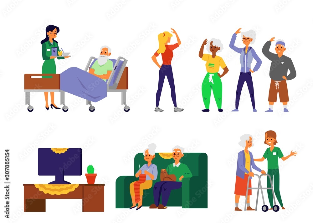 Elderly people in nursing home care - cartoon set of old men and women leisure time