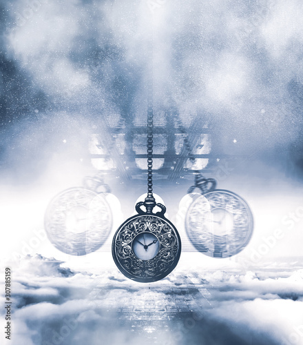 Hypnotising watch on a chain swinging above clouds. Blue tones