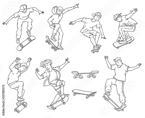 Teenage boys doing skateboard tricks - black and white line art drawing set.
