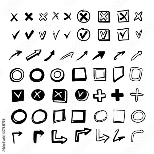 Hand drawn doodle style check mark set isolated on white background