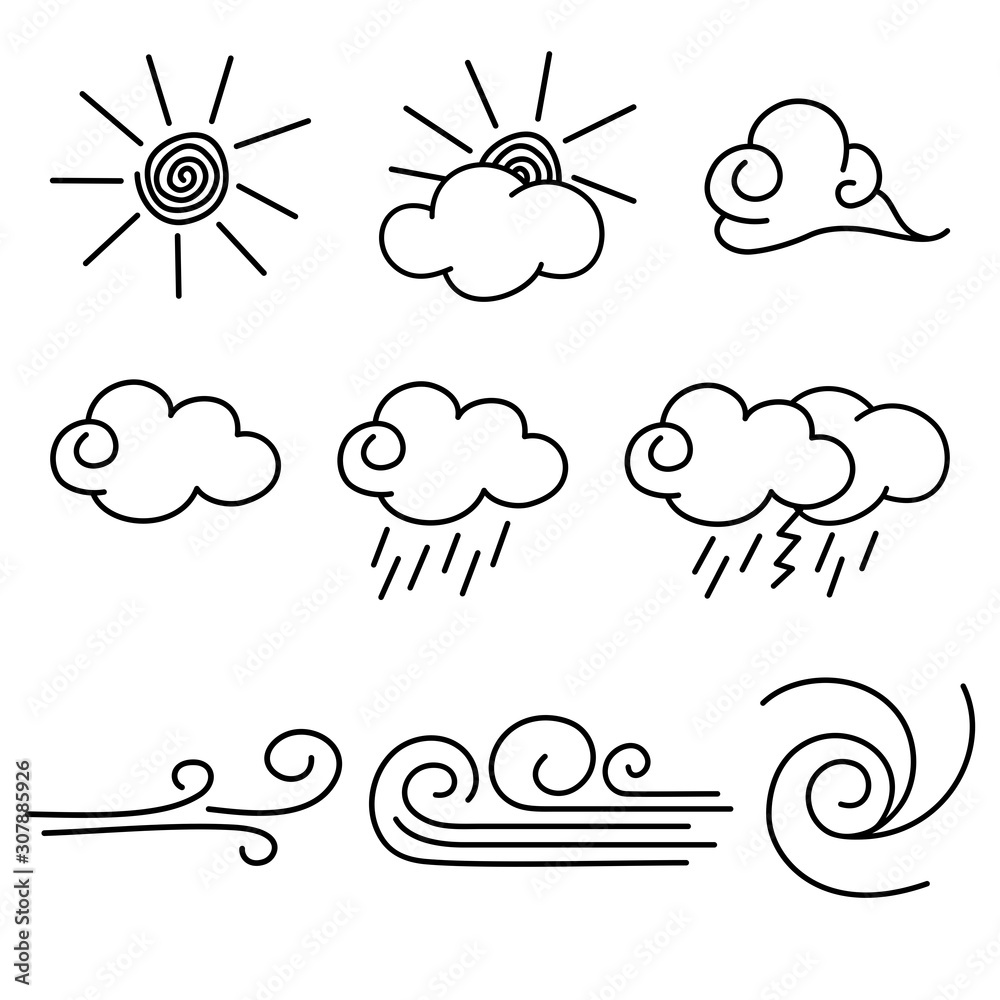 Line icons of weather and climate conditions set, vector symbols - obrazy, fototapety, plakaty 