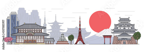 Japanese landscape banner with buildings sketch vector illustration isolated.