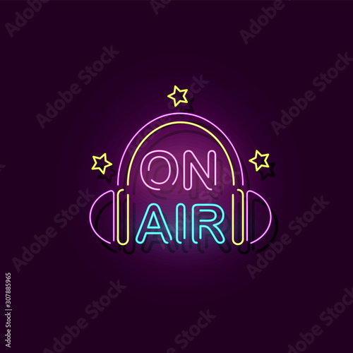 On air - realistic neon sign for radio broadcast studio with headphones icon
