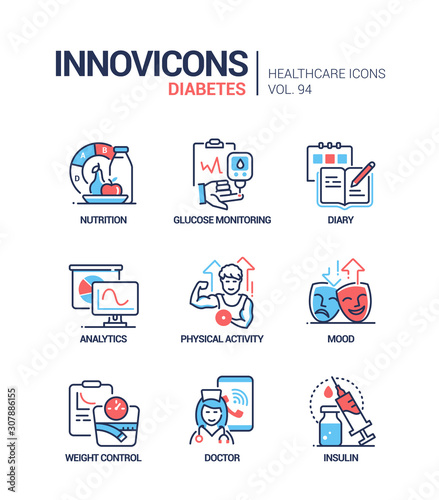 Diabetes - vector line design style icons set