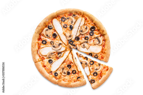Delicious pizza with chicken fillet, champignon mushrooms, olives, mozzarella and tomato sauce, isolated on white background