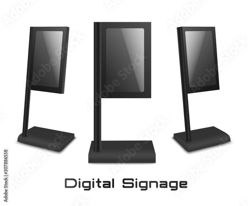 Set of digital kiosk stands 3d mockup or template vector illustration isolated.