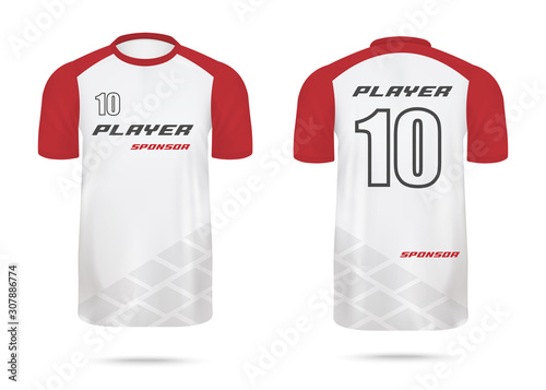Men sport team shirt with red sleeves, realistic vector mockup illustration isolated.
