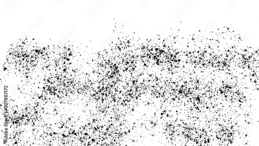 Obraz premium Abstract black dust isolated on white background, grainy overlay texture. Stock image of black dust particles overlay, grain noise granules, abstract background. Good design elements, illustration