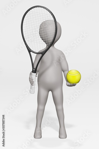 3D Render of Cartoon Character with Tennis Equipment