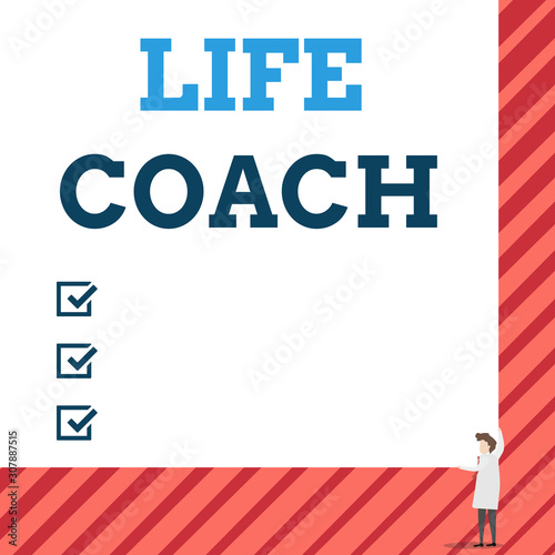 Handwriting text Life Coach. Conceptual photo someone who helps identify your goals and plan to achieve them One man professor wear white coat red tie hold big board use two hands photo