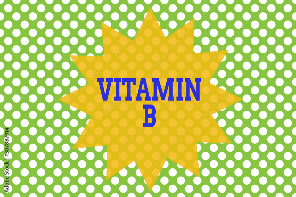 Naklejka premium Word writing text Vitamin B. Business photo showcasing Nutrient that helps keep the body nerve and blood cells healthy Seamless background pattern with dots. Simple wallpaper. Polka design