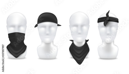 Black bandana on neck and head set, realistic vector illustration mockup isolated.