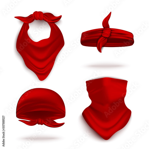 Red bandana on neck and head set, realistic vector illustration mockup isolated.